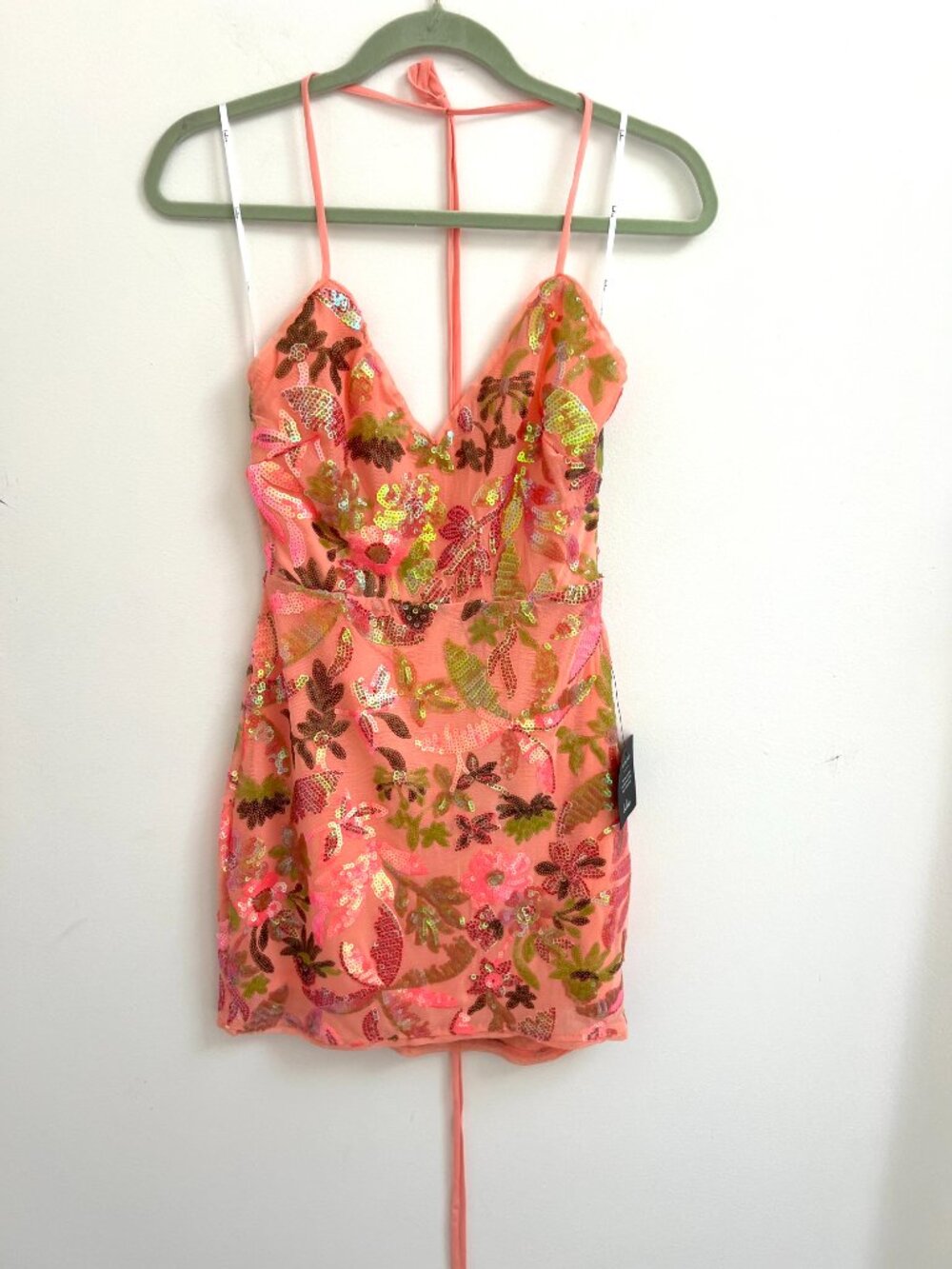 Lulus Neon Coral Pink Iridescent Sequin Floral Halter Backless Mini Dress M NWT - Picture 2 of 12